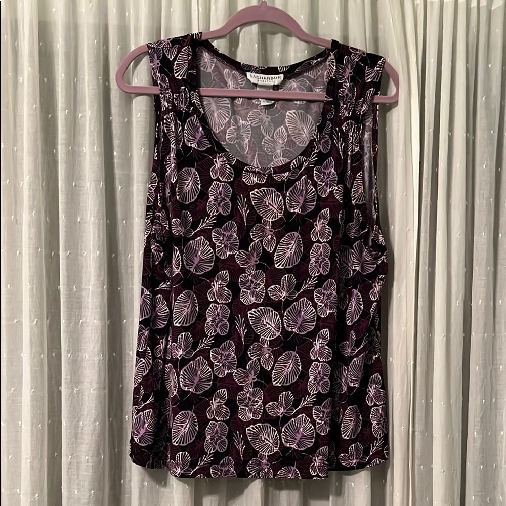 Floral Sleeveless Top - Purple and Black XL. Polyester and Spandex.